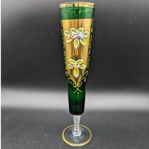 Vintage Green With Worn Gold Trim Raised Enamel Glass Vase Hand Painted 10"